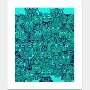 Tribal Design of Whimsical Green Owls Posters and Art
